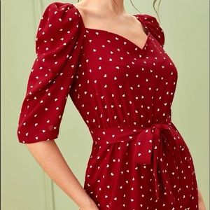 💖 Confetti Heart Print Puff Sleeve Belted Jumpsuit